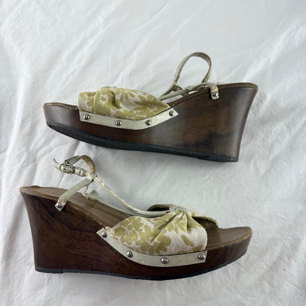 Self Esteem Wooden Cream & Green Wedges Womens 9.5 Fairy Coquette Boho - Picture 3 of 8